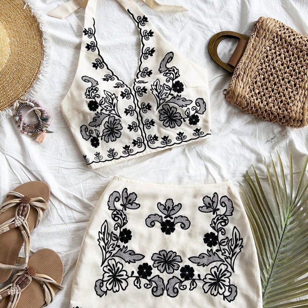 Multicolor Boho Women's Embroidered Halter Neck Crop Top & A-Line Mini Skirt Set